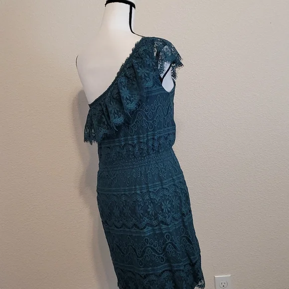 Green Side Shoulder Lace Dress M - Picture 3 of 7